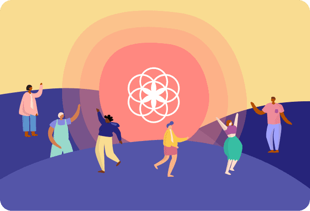 An illustration of a group of people stood on hills with the Clue Logo rising behind
