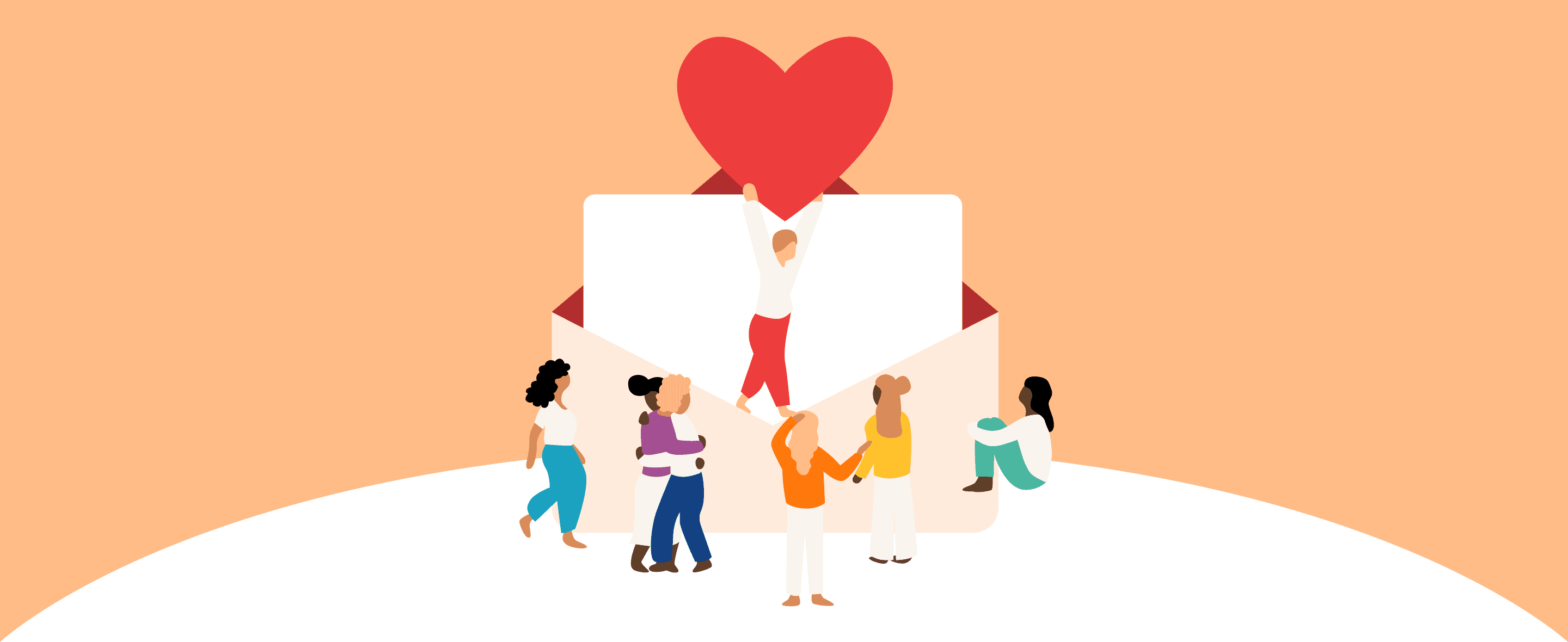 an image of a group of people around a giant envelope with a heart inside