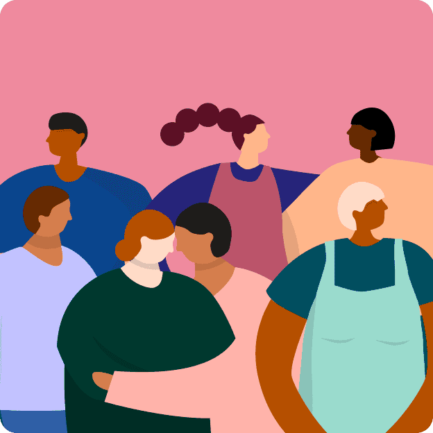 An illustration of a group of people embracing and linking arms