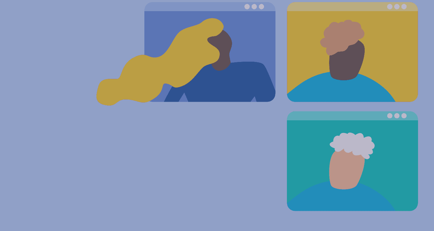 An illustration of a computer screen showing a video call with 3 people